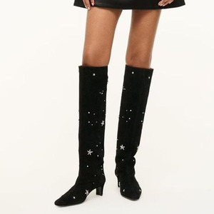 Bottes d'hiver à talons carrés épais en daim avec diamants et fleurs pour femmes, hauteur genou - Product Image 6