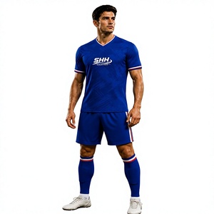Ensemble uniforme de football pour homme SHH Industries, maillot imprimé bleu à col en V, short en mesh, taille élastique, respirant, 100% polyester - Product Image 1