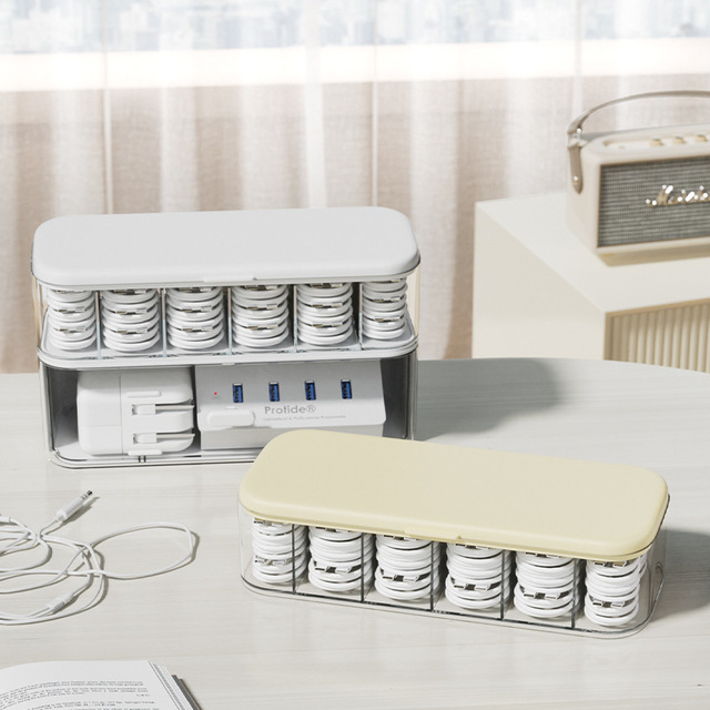 Home Organization Neat Tidy PP Material Compartmentalized Desktop Data Cable Storage Container With Lid