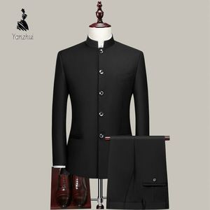 YZ Asiatische Größe Schmaler Kragen 2-teiliger Tang-Stil Hochzeitsanzug für Herren Traditioneller Chinesischer Formeller <span class=keywords><strong>Blazer</strong></span> und - Product Image 1