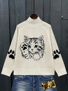 Maglione da <span class=keywords><strong>Donna</strong></span> a Collo Alto Traspirante Grigio Kaki a Maniche Lunghe con Stampa Cartone Animato Gatto <span class=keywords><strong>Nero</strong></span> Curioso – Essenziale per Ogni Stagione - Product Image 3