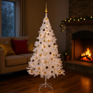 Árbol de Navidad Artificial Blanco de 82.7 Pulgadas Preiluminado con Adornos Dorados, Luces LED Cálidas, Base para Interior - Product Image 2