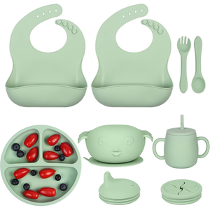 Juego de alimentación para bebés de silicona impermeable con diseño de dibujos animados, portátil, sin BPA, a prueba de fugas, ecológico, de 3 piezas: baberos, cubiertos y plato (Servicio OEM) - Product Image 1