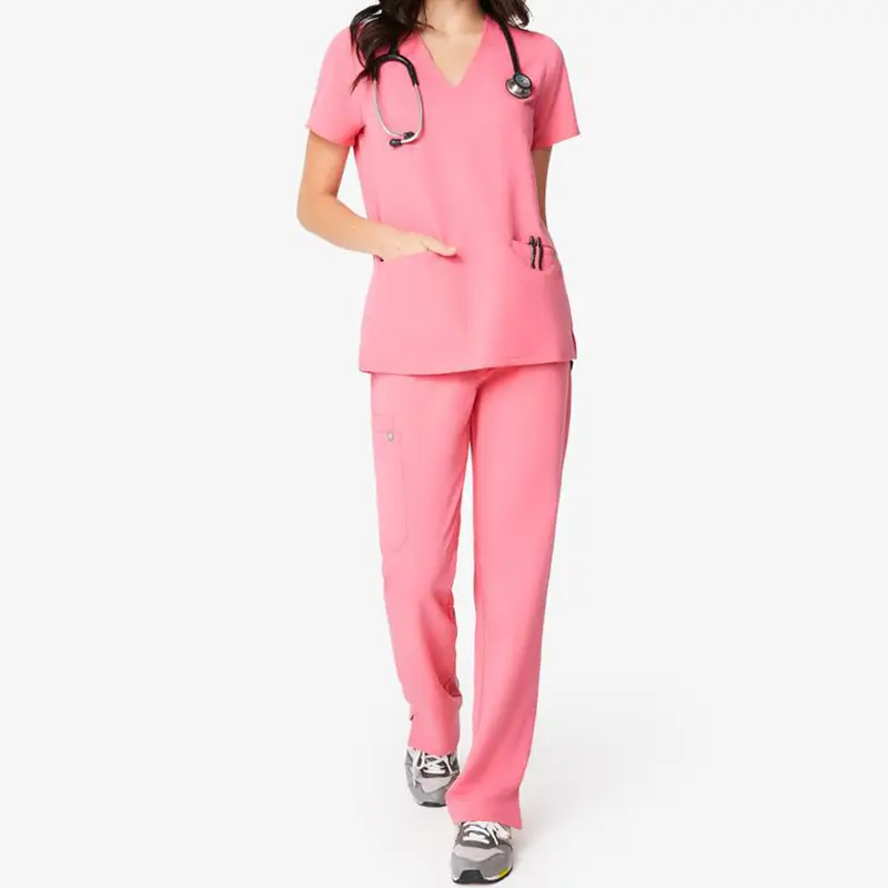 Zomer Roze Custom Korte Mouw V-hals Katoen Pediatric Verpleegkundigen Werken Ziekenhuis Verpleging Medische Scrubs Uniformen