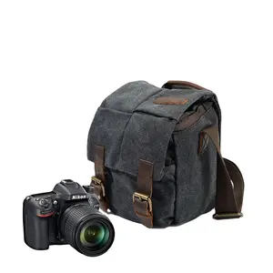 빈티지 디자인 방수 왁스 캔버스 정품 가죽 남성 Crossbody 메신저 어깨 디지털 카메라 가방