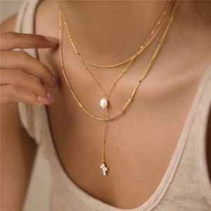 Collares de cadena en capas con dijes de perlas naturales y circonitas para mujer, collares apilados de acero inoxidable con cadena en Y para clavícula, joyería. - Product Image 2