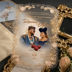 <span class=keywords><strong>Invitation</strong></span> <span class=keywords><strong>de</strong></span> <span class=keywords><strong>mariage</strong></span> en acrylique à bords festonnés, personnalisée <span class=keywords><strong>avec</strong></span> <span class=keywords><strong>photo</strong></span> <span class=keywords><strong>de</strong></span> couple, dorure florale, <span class=keywords><strong>carte</strong></span> <span class=keywords><strong>d</strong></span>'<span class=keywords><strong>invitation</strong></span> <span class=keywords><strong>de</strong></span> <span class=keywords><strong>mariage</strong></span> traditionnelle africaine - Product Image 1
