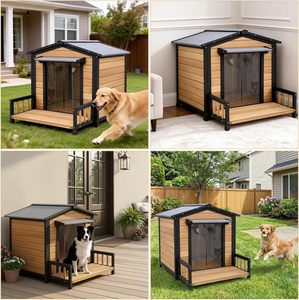 Nichoir moderne en bois pour chien avec porche extérieur, toit résistant aux intempéries, porte transparente écologique, pour chiens de taille moyenne, gris - Product Image 5