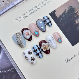 <span class=keywords><strong>Uñas</strong></span> Postizas Hechas a Mano Estilo American Sweetheart con Perlas <span class=keywords><strong>Blancas</strong></span> y Lazo, <span class=keywords><strong>Manicura</strong></span> para Dedos con Forma de Almendra - Product Image 2