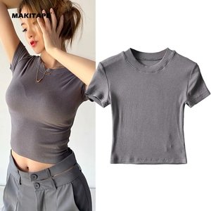 <b>Women's</b> Summer Slim Fit Crop Tops HG80's Casual Style Rib Fabric Custom Logo Embroidery Sexy Plain <b>Tight</b> Fit Wholesale Crop Tops - Product Image 1