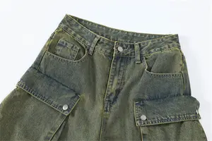 Custom Ladies Baggy Cargo Jeans High Waist Loose Vintage Pockets Cargo Pants Distressed Tears Cargo Pant Women