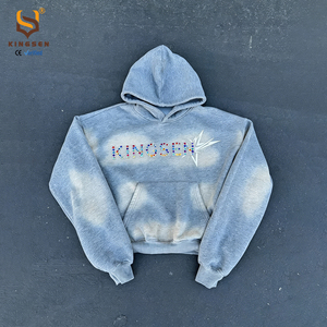 เสื้อฮู้ดดี้ผู้ชายสไตล์สตรีทแวร์แบบสั่งทำพิเศษ 350 500gsm ผ้าฝ้ายหนานุ่ม ซันเฟด แขนยาวปกติ ตัดสั้น ล้างสีแบบแอซิด ประดับคริสตัล - Product Image 4