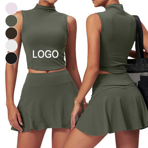 Grosir pakaian yoga kustom untuk olahraga golf pakaian olahraga rok pinggang tinggi dan set atas set tenis wanita - Product Image 1