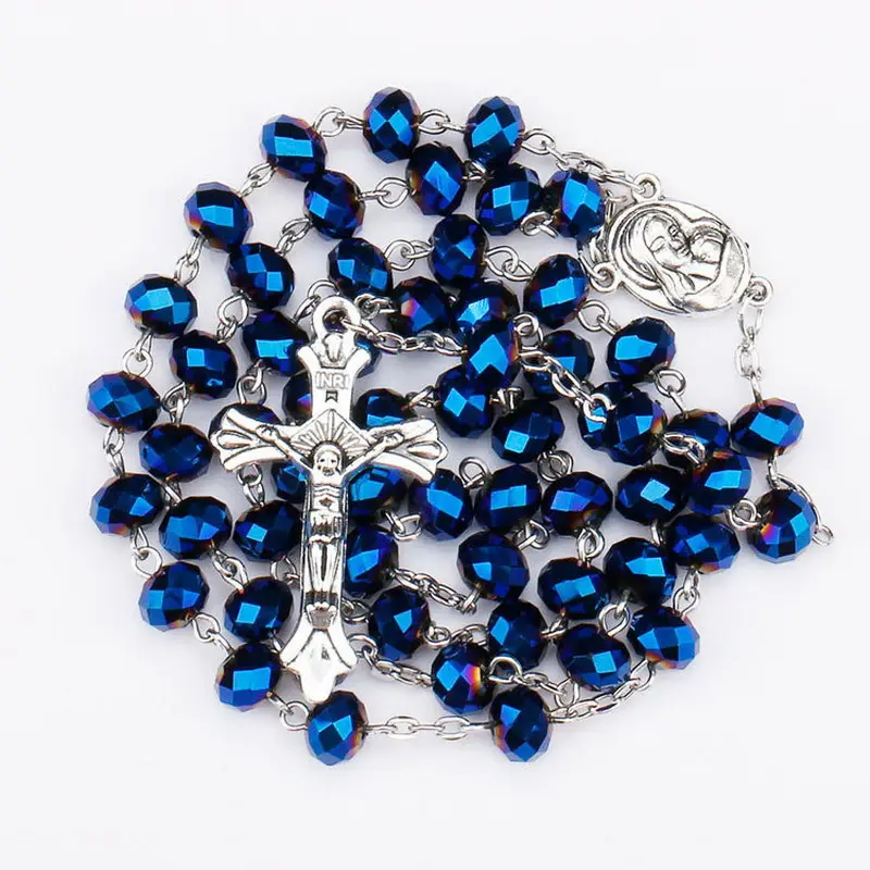 Woying 딥 블루 크리스탈 비즈 가톨릭 묵주 크로스 거룩한 랜드 골동품 종교 rosaries 목걸이