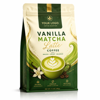 Sachet de café matcha latte à la vanille personnalisé, crème onctueuse, en grains entiers, fond plat, pour emballage de café premium