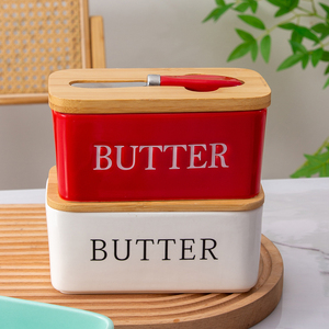 Boîte à fromage frais occidentale ensemble en porcelaine boîte à <span class=keywords><strong>beurre</strong></span> en céramique avec couvercle en bambou et bois avec couteau réservoir scellé boîte à <span class=keywords><strong>beurre</strong></span> - Product Image 2