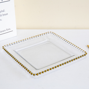 Assiette <span class=keywords><strong>de</strong></span> présentation carrée décorative en <span class=keywords><strong>verre</strong></span> avec bordure perlée dorée Luckygoods LCK138 pour la mise en scène <span class=keywords><strong>de</strong></span> table <span class=keywords><strong>de</strong></span> mariage ou <span class=keywords><strong>de</strong></span> fête - Product Image 2