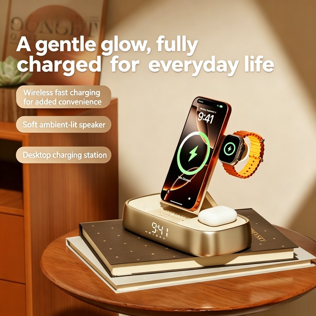 2026 Gadgets for Daily Use 5-in-1 Desktop Foldable Station Wireless Speaker with Wireless Charger for Phone, Earbuds and Watch