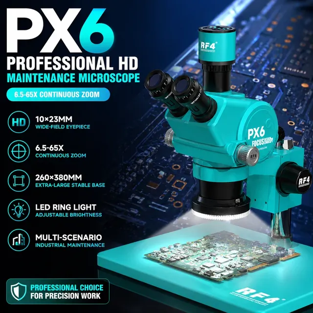 RF4 PX6 6.5X-65X Trinocular Stereo Microscope for Mobile Phone Repair PCB Soldering Repair Tools Industrial Microscope