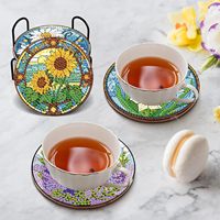 OCHOICE Kits de sous-verres de peinture diamantée avec support, motifs fleurs, sous-verres DIY pour adultes et débutants