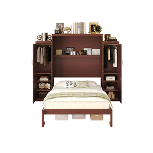 Modern Queen Size Murphy <b>Bed</b> Solid <b>Pine</b> Wood Full Wall <b>Bed</b> Wardrobe Storage Shelf Foldable Platform Bedframe Guest-Room Bedroom - Product Image 2