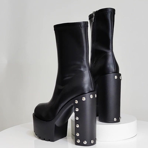XSD New Round Head Leather Party Heels Black for Boots with Thick Heel and Bottom Ankle Height Boots for Autumn - Product Image 5