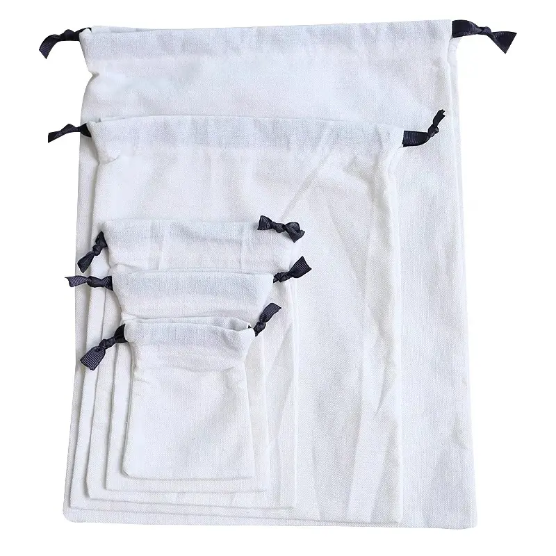 Bolsa de joyería de lona de algodón con cordón impreso con logotipo personalizado, bolsa de joyería de regalo de lona de varios tamaños