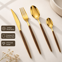 Ensemble d'ustensiles en acier inoxydable SS410, plaqué chrome, manches en bois, finition miroir, pour hôtel, restaurant, restauration, vente en gros