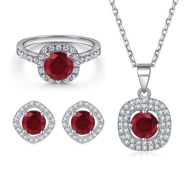 Fine Jewelry S925 Sterling Silver Zircon Ruby Silver Earrings Necklace Colored Gem Red Diamond Ring Three-piece Set for Women
