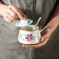 Bocaux à condiments en céramique de cuisine avec couvercles et cuillères, ensemble de pots à épices en porcelaine de style japonais pour sel, épices, poivre, sucre