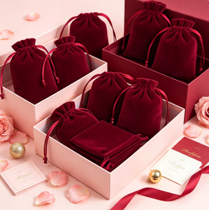 Pochette en velours flanelle rouge bordeaux avec cordon de serrage, sac portable pour bijoux, emballage de bonbons de mariage, pochette cadeau avec cordon de serrage - Product Image 6