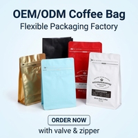 Sachets de café personnalisés en aluminium laminé à fond plat avec fermeture éclair refermable et valve de dégazage unidirectionnelle