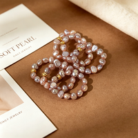 Anneau élastique pour femme en perles d'eau douce naturelles de qualité AA, violettes, baroques, double face, brillantes, à facettes, avec entretoise spirale à petites pierres
