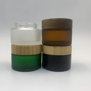 50g 100g 200g cilt bakımı yüz kremi kozmetik kavanozlar yuvarlak silindirik buzlu yeşil cam krem kavanoz bambu kapak