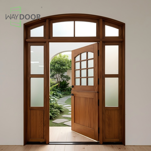 Porta in Legno Stile Francese con Vetro ad Arco Superiore <span class=keywords><strong>e</strong></span> Doppi Pannelli Laterali per Case, Porta d'Ingresso in Legno Massello di Quercia <span class=keywords><strong>e</strong></span> Mogano - Product Image 1