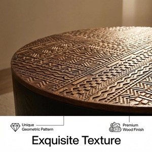 <b>Round</b> Coffee <b>Table</b> 31.5 Inch With Storage Engraved Top Beverage <b>Table</b> For <b>Small</b> Spaces - Product Image 6
