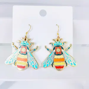 Custom latest metal earrings fashion design bee pattern gold plating soft hard enamel earrings with s925 silver hook