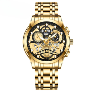 Nouvelle montre chronographe squelette pour homme, bracelet en acier inoxydable doré, avec indicateur multifonction 24H et calendrier, montre à quartz - Product Image 1