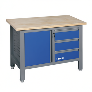 Kit d'assemblage d'établi Fervi avec plateau en bois et tiroirs de rangement bleus pour usage en atelier - Product Image 1
