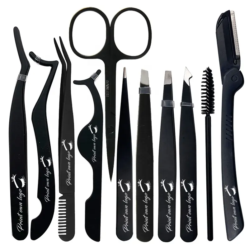 Private Label High Precise Steel Curved eyelash Comb Tweezers Eyebrow Trimmer Scissors black Lash Applicator Tweezers Tools