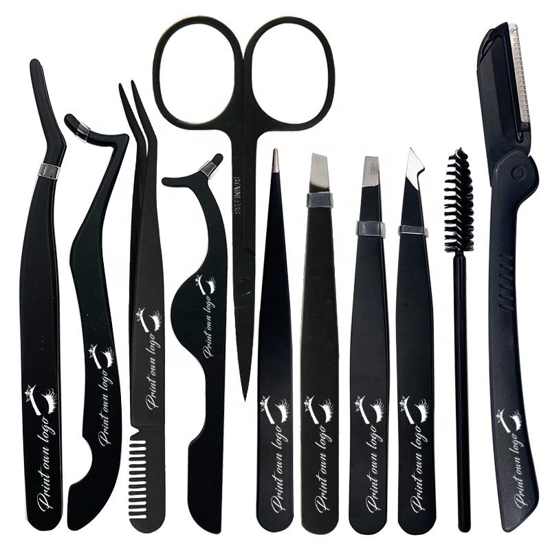 Private Label High Precise Steel Curved Eyelash Comb Tweezers Eyebrow Trimmer Scissors Black Lash Applicator Tweezers Tools 