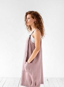 Hermoso cómodo acogedor ropa de verano de lino orgánico vestido rodilla longitud vestido con correa ajustable y dos amplios bolsillos frontales - Product Image 2