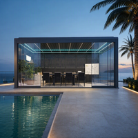 Pergola en aluminium avec toit à lamelles réglables, porte coulissante en verre, rétractable, motorisée intelligente pour application en extérieur sur patio