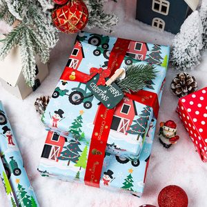 Blue Reversible Christmas Wrapping Paper 17x33 Feet Farm Theme With Sheep Snowman Trees Red Polka Dots Gift <b>Wrap</b> - Product Image 6