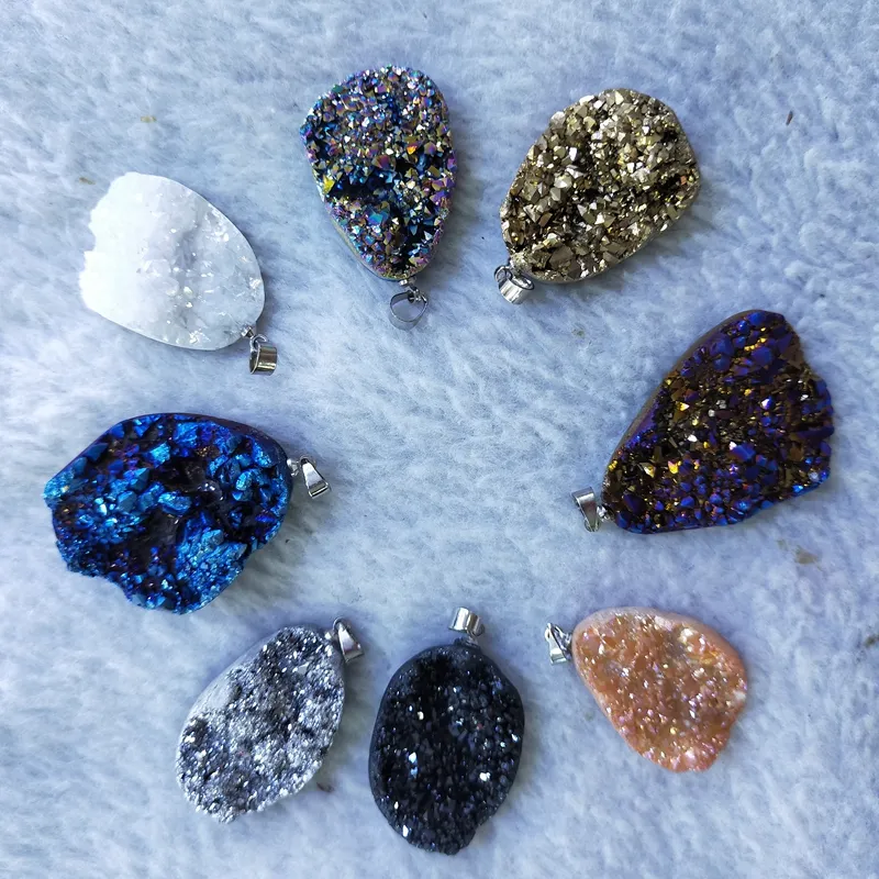Batu longgar Druzy berkilau alami Multi Warna batu lapisan Quartz Individual Geode Pesta liontin untuk membuat perhiasan