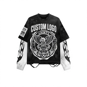 Custom Men's Vintage Wash Oversized Front Streetwear <b>Top</b> Distressed Heavyweight Cotton Graphic T-Shirt <b>Layered</b> Long Sleeve 2XL - Product Image 1