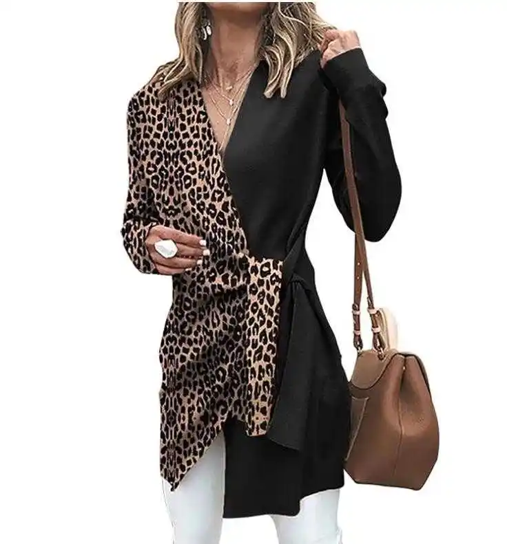 autumn and winter new ladies temperament V-neck leopard contrast color suit personality women's jacket shirt
