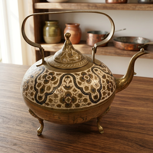 Oriental Metal Tea Kettle With <b>Lid</b> Decorative Floral Pattern Metal Handle Three Legs - Product Image 5