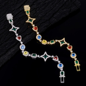 Colorful Gemstone Emerald Cut Hiphop Fashion Trendy Sparkling Brass Zircon Star Square Charm Link Chain Bracelet <b>Bangle</b> - Product Image 4