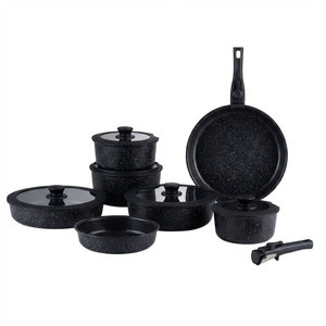 Ensemble de casseroles et poêles E-Top 14 pièces en aluminium forgé noir avec revêtement antiadhésif en granit pour cuisine, camping-car et camping - Product Image 1